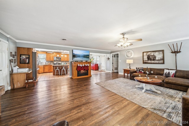 living room featuring ceiling fan, wood-type flooring, and ornamental molding