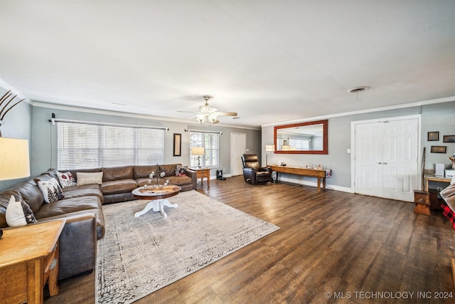 living room featuring ceiling fan, dark hardwood / wood-style flooring, and ornamental molding