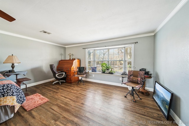 living area featuring dark hardwood / wood-style flooring and ornamental molding