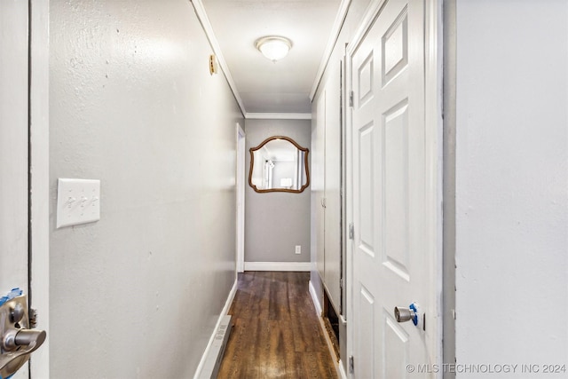 hallway featuring crown molding and dark wood-type flooring