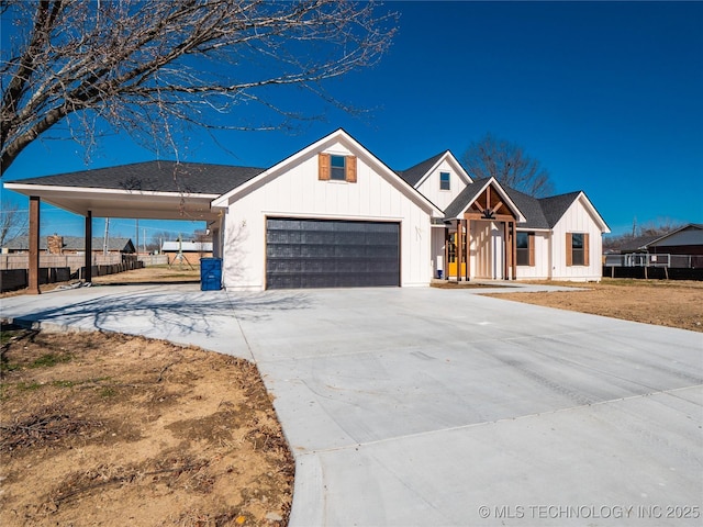 modern farmhouse style home with a garage and a carport