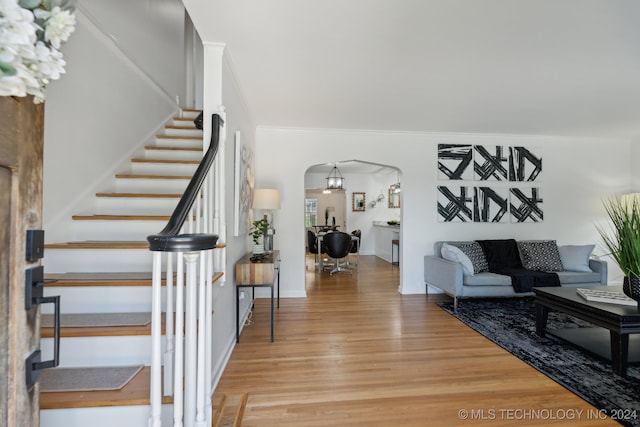 interior space with hardwood / wood-style floors and crown molding