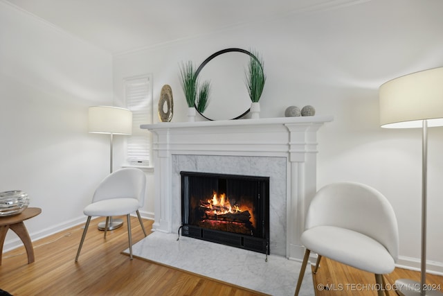 interior details with wood-type flooring, a fireplace, and ornamental molding