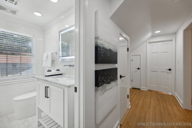 interior space featuring vanity, toilet, wood-type flooring, and tile walls