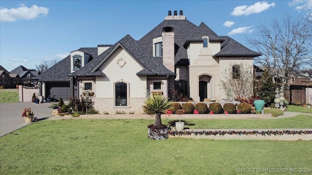 french country home featuring a garage and a front lawn