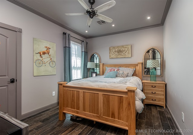 bedroom with ceiling fan, dark hardwood / wood-style flooring, and ornamental molding