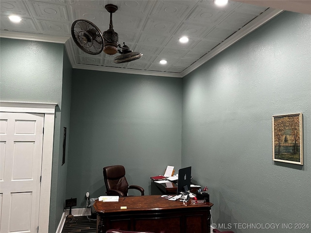 office with hardwood / wood-style flooring and crown molding