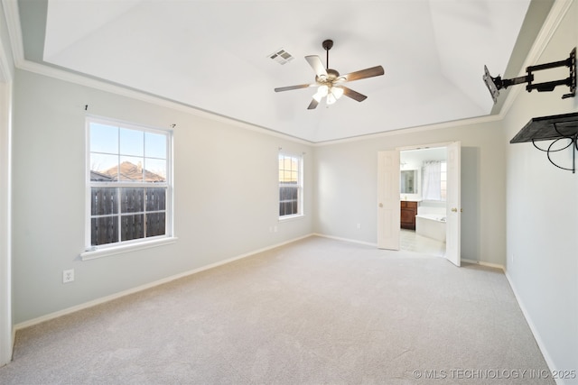 carpeted spare room featuring ceiling fan, ornamental molding, a tray ceiling, and a wealth of natural light