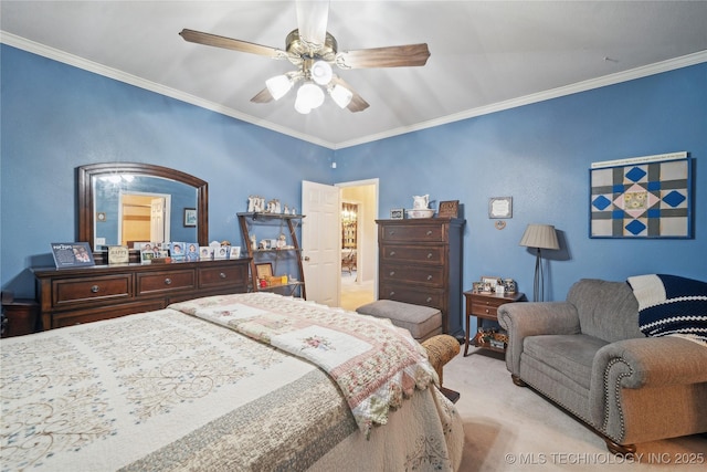 bedroom featuring light carpet, ornamental molding, and ceiling fan