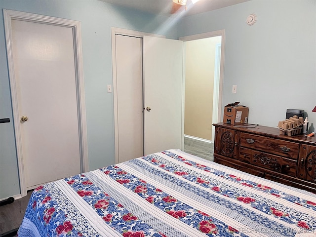 bedroom with wood-type flooring and a closet