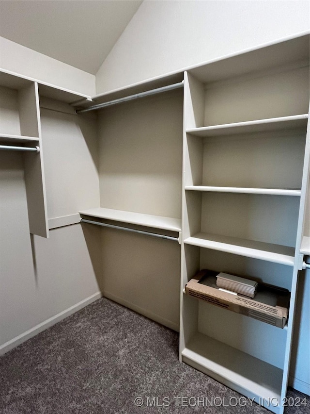 walk in closet featuring dark carpet and lofted ceiling