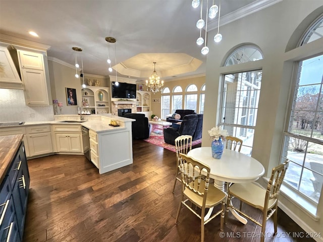 kitchen featuring stainless steel dishwasher, a peninsula, dark wood finished floors, and ornamental molding