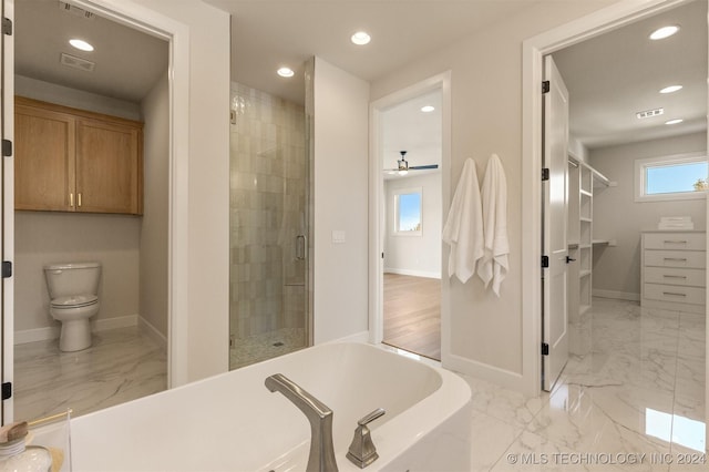 203 E 45th Ct, Tulsa, OK 74105 - bathroom with a tub, a shower stall, marble finish floors, recessed lighting, and a ceiling fan