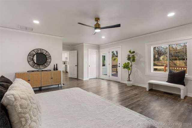 bedroom featuring access to outside, ceiling fan, crown molding, and dark hardwood / wood-style floors