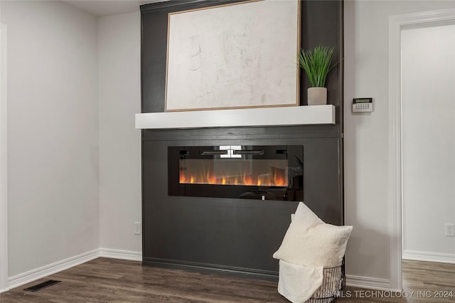 interior details featuring a large fireplace and wood-type flooring