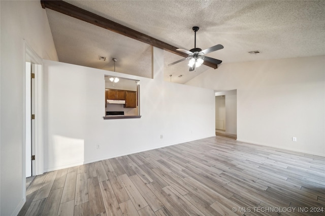 unfurnished living room with beam ceiling, light wood-type flooring, a textured ceiling, and ceiling fan