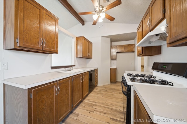 kitchen featuring dishwasher, sink, light hardwood / wood-style flooring, lofted ceiling with beams, and white range with gas stovetop