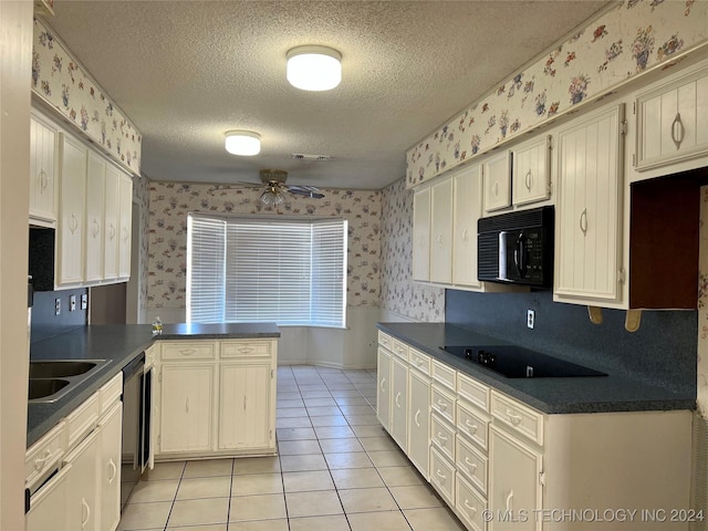 kitchen featuring ceiling fan, sink, kitchen peninsula, light tile patterned flooring, and black appliances