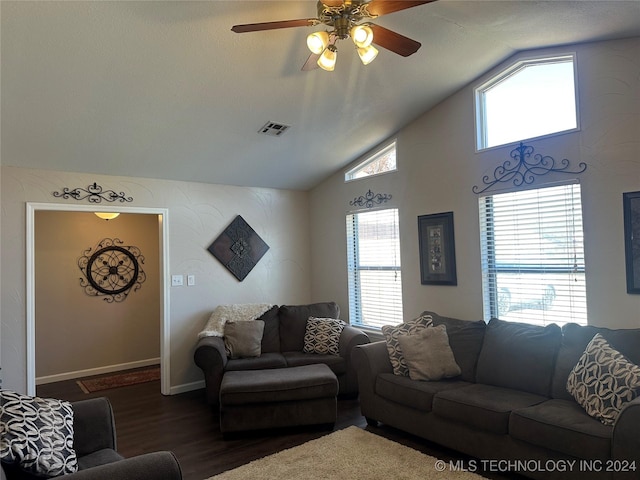 living room featuring ceiling fan, dark hardwood / wood-style flooring, and vaulted ceiling