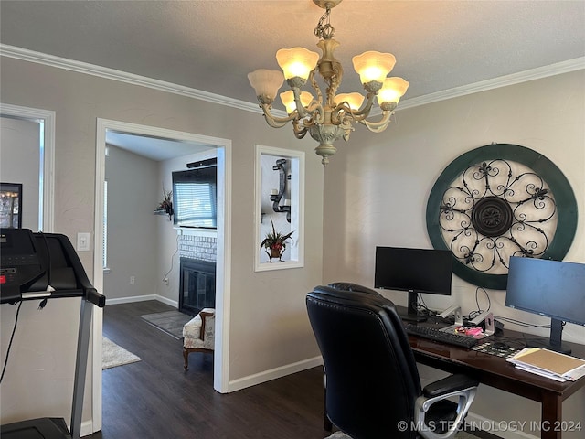 home office with ornamental molding, an inviting chandelier, and dark hardwood / wood-style floors