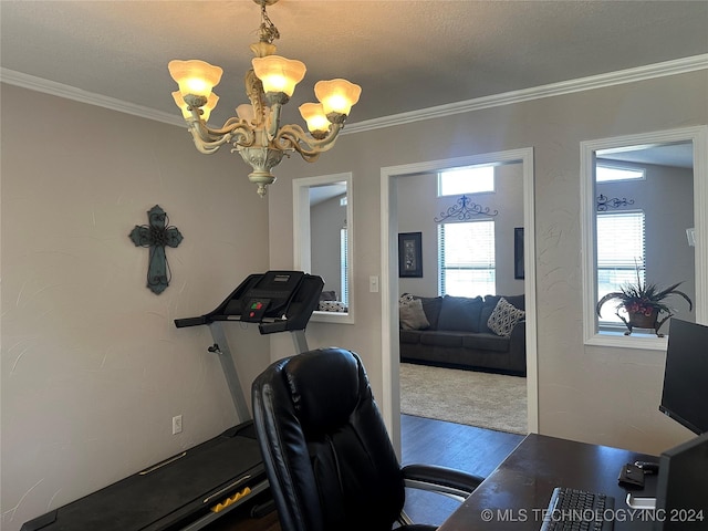 office with a chandelier, ornamental molding, and wood-type flooring