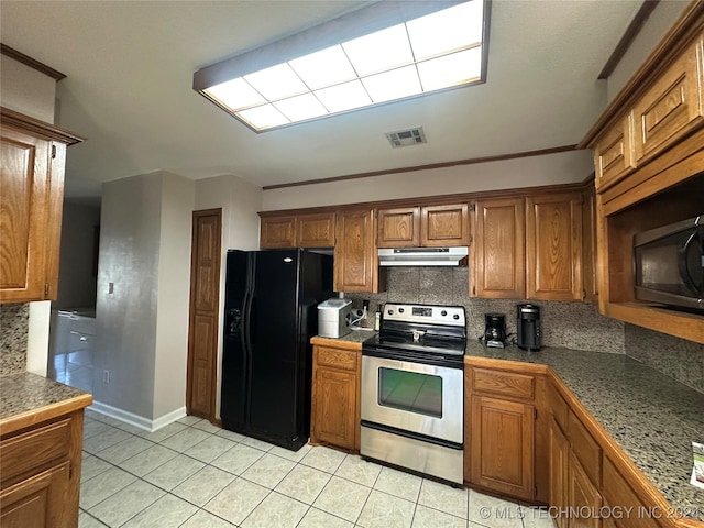 kitchen with crown molding, light tile patterned floors, decorative backsplash, electric range, and black fridge with ice dispenser