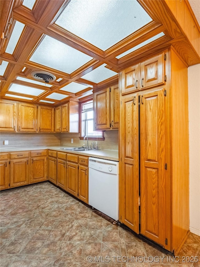 kitchen with tasteful backsplash, dishwasher, coffered ceiling, and sink