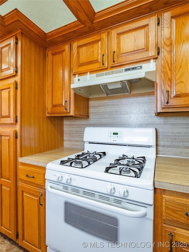 kitchen with white gas range oven and decorative backsplash