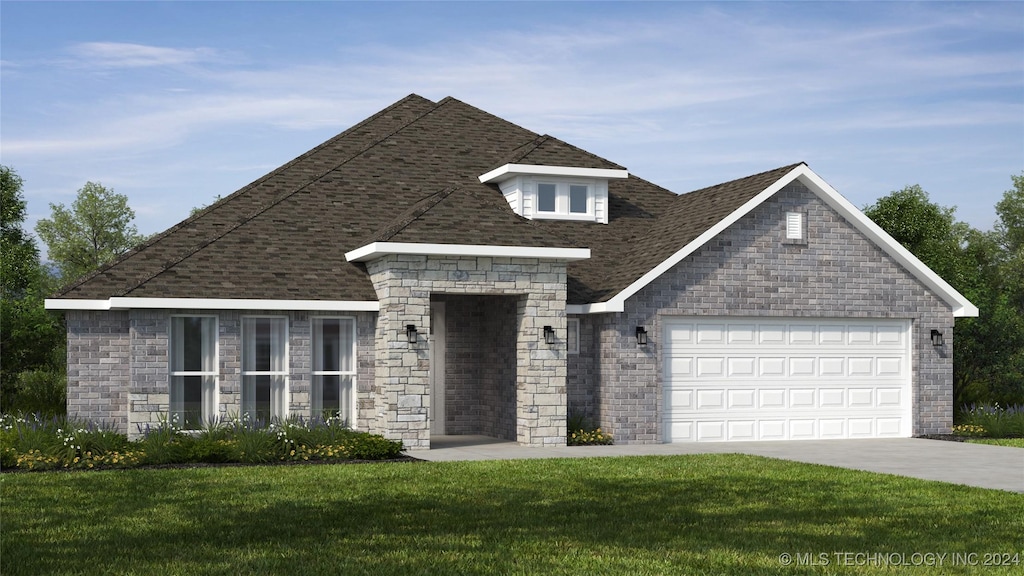 view of front of house featuring an attached garage, roof with shingles, driveway, and a front lawn