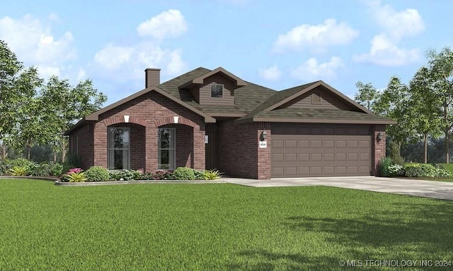 view of front of house with an attached garage, concrete driveway, brick siding, and a front yard