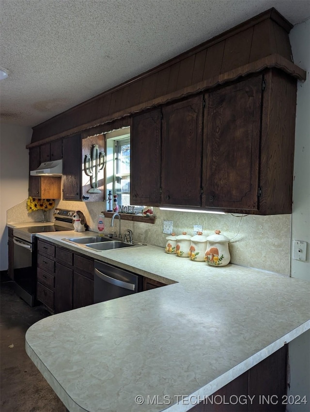 kitchen featuring light countertops, stainless steel electric range, a sink, and under cabinet range hood