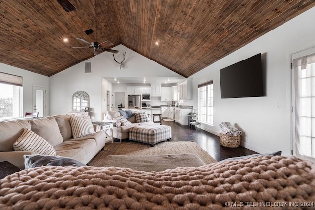 living room with high vaulted ceiling, plenty of natural light, wooden ceiling, and ceiling fan