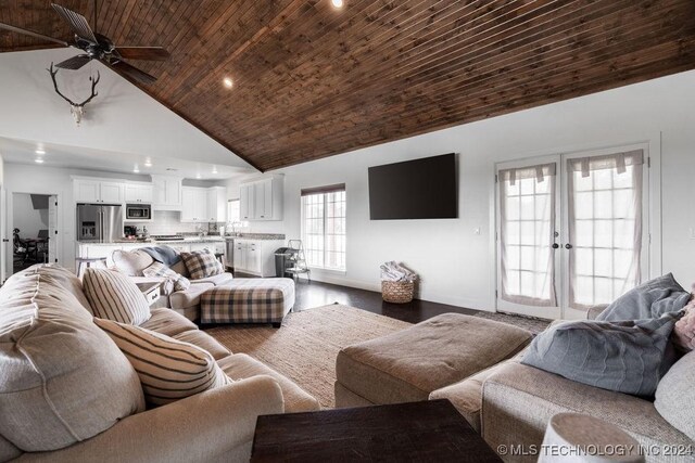 living room featuring hardwood / wood-style flooring, ceiling fan, wood ceiling, and high vaulted ceiling