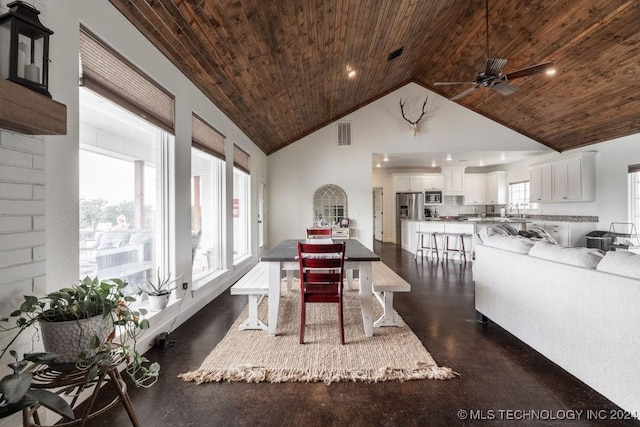 dining space featuring ceiling fan, high vaulted ceiling, and wooden ceiling