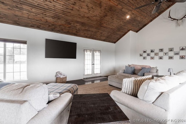 living room featuring wood-type flooring, high vaulted ceiling, ceiling fan, and wood ceiling