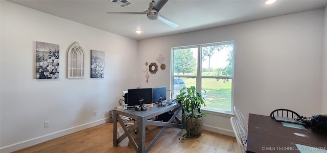 office space with ceiling fan, a healthy amount of sunlight, and wood-type flooring