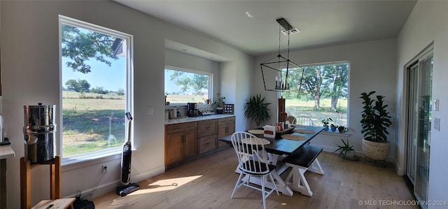 dining room with a wealth of natural light, a chandelier, and light wood-type flooring