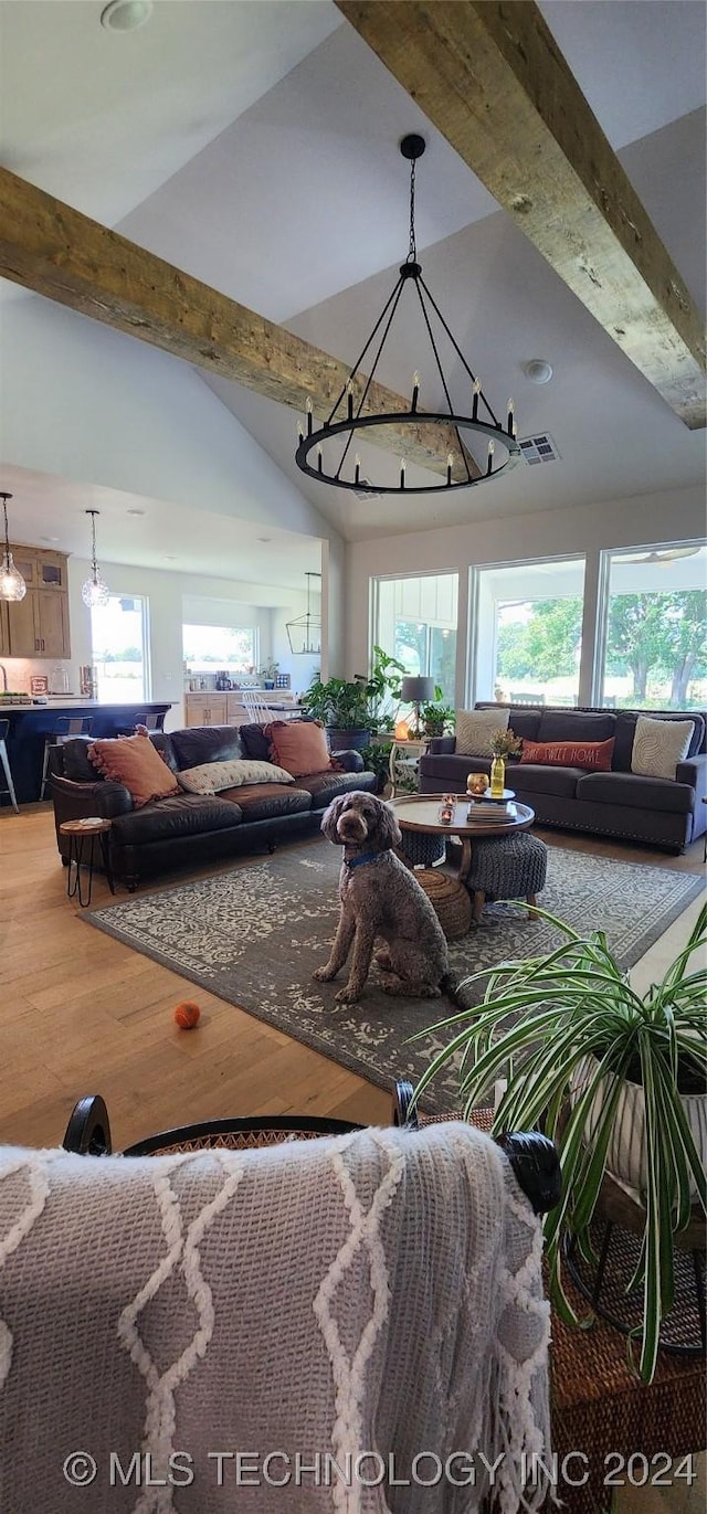 living room with hardwood / wood-style floors and lofted ceiling with beams