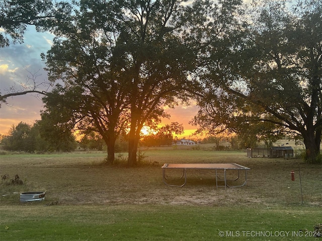 view of community featuring a trampoline and a lawn