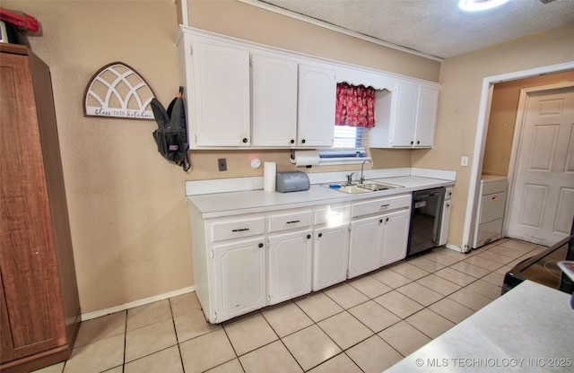 kitchen featuring black appliances, white cabinets, and light tile patterned floors