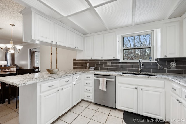 kitchen featuring stainless steel dishwasher, white cabinetry, kitchen peninsula, and sink