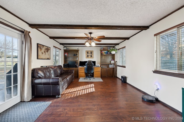 living room with beam ceiling, a wealth of natural light, dark hardwood / wood-style flooring, and a textured ceiling