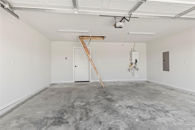 garage with a garage door opener, electric panel, and water heater