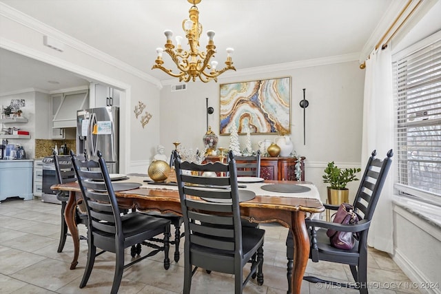 dining area featuring an inviting chandelier, light tile patterned floors, and ornamental molding