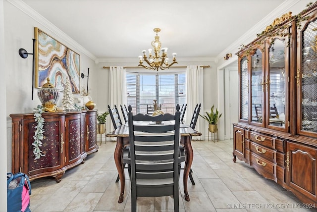 dining area with ornamental molding and a notable chandelier