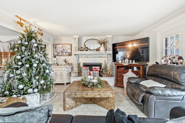 living room with a premium fireplace and crown molding