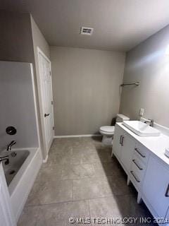 full bathroom featuring vanity, bathing tub / shower combination, and toilet