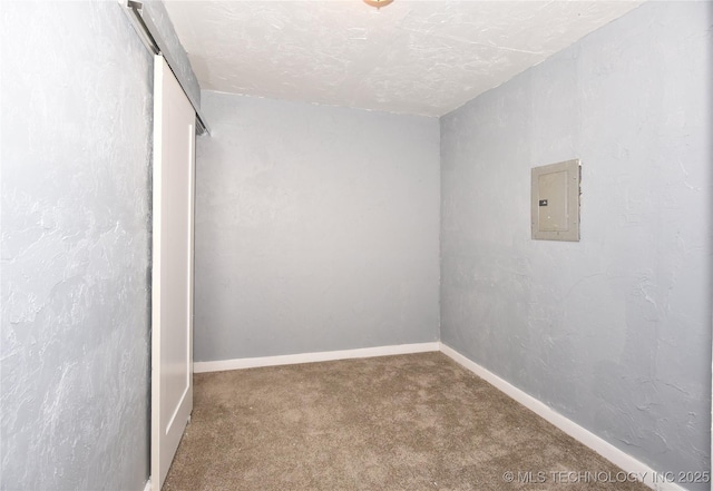 interior space featuring carpet floors, a textured ceiling, and electric panel