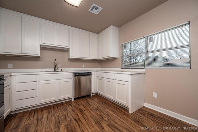 kitchen featuring dishwasher, white cabinets, dark wood-type flooring, and sink