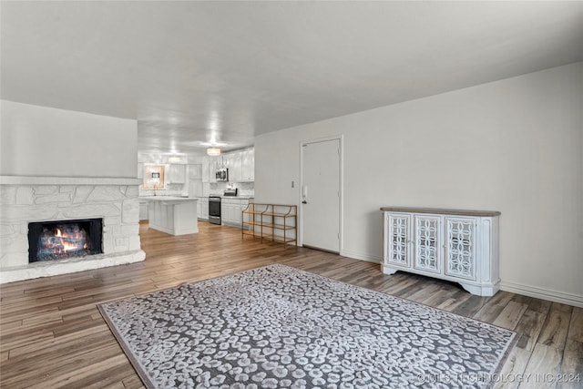 living room with a stone fireplace and hardwood / wood-style floors